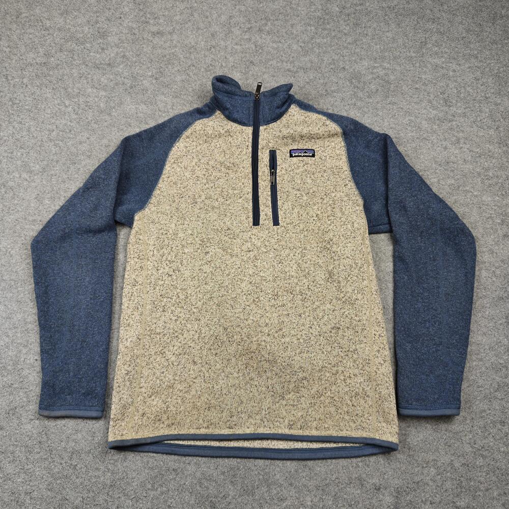 Patagonia Sweater Mens Small Beige Fleece 1/4 Zip Mock Neck Pockets Logo